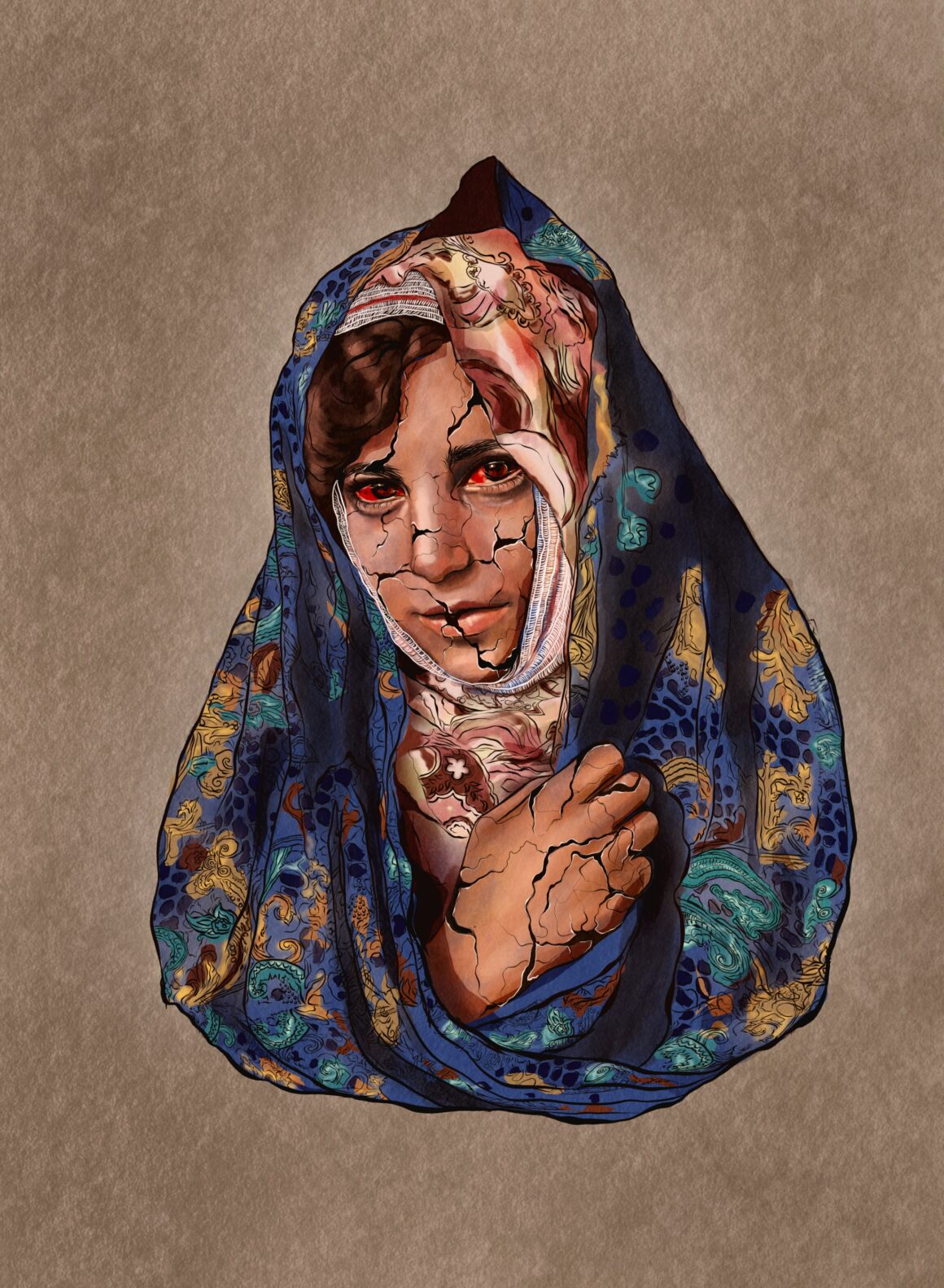 A Smile Among Scars — digital artwork by Angela Gulistani (Kimia). A young girl's face partly hidden beneath a colourful scarf, carrying a gentle smile.