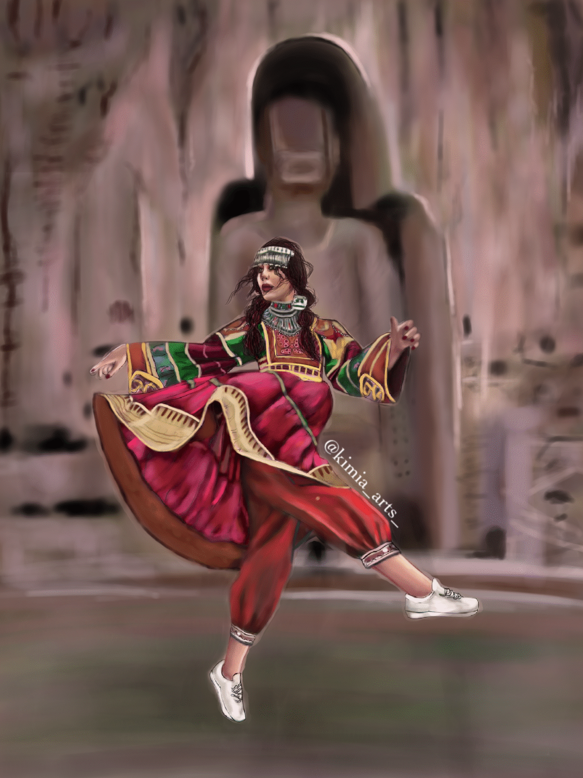 Dance in the Shadows — digital artwork by Angela Gulistani (Kimia). A young woman in traditional Afghan dance attire moves before the Bamiyan statue.