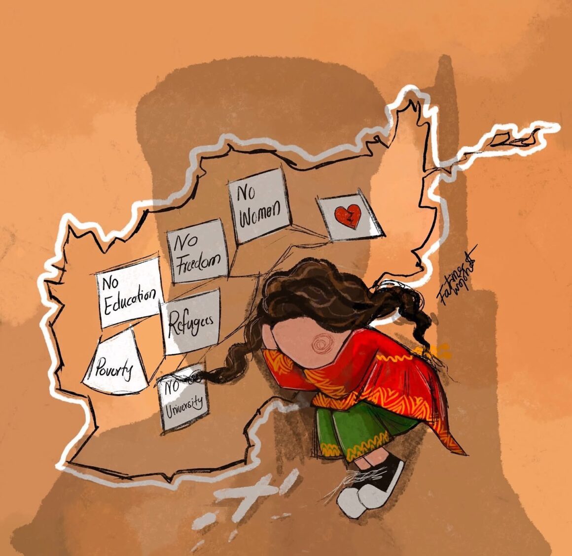 Lost Behind Border, Silenced by Force — cartoon by Fatima Wojhat