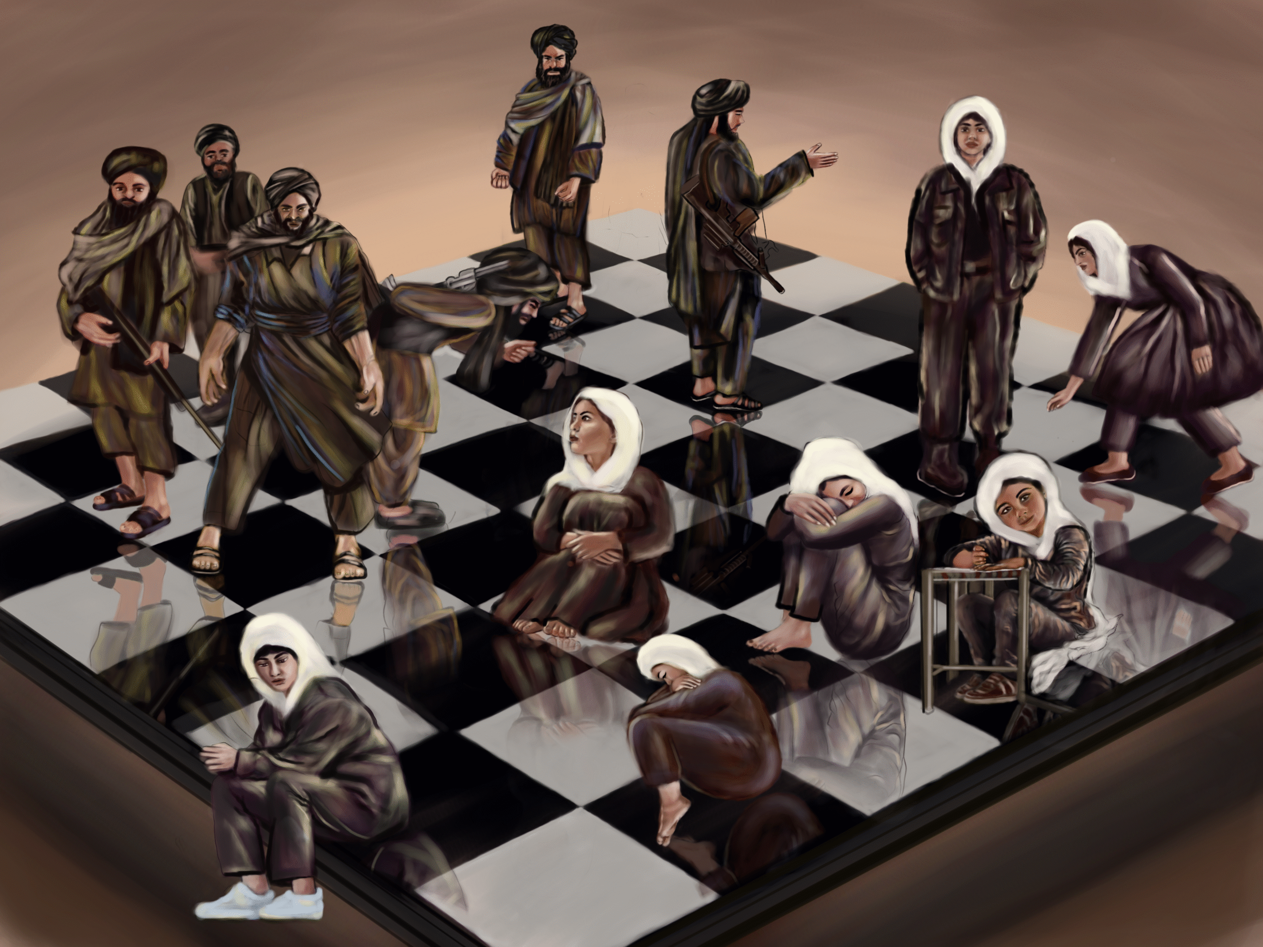The Chess Game of Power — digital artwork by Angela Gulistani (Kimia). Women and girls depicted as chess pieces, with sorrowful faces and downcast eyes.