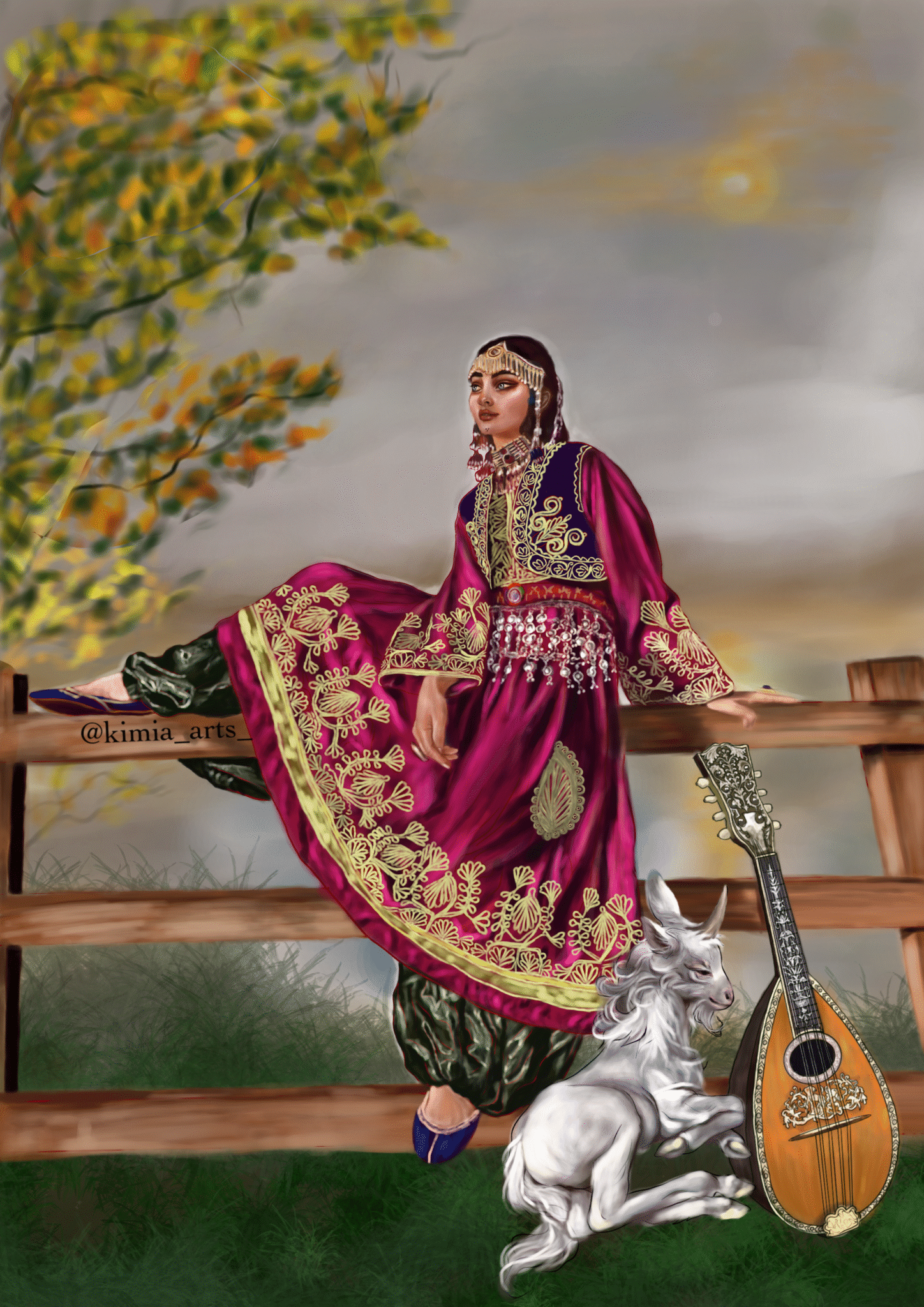The Melody of Freedom — digital artwork by Angela Gulistani (Kimia). A young woman in traditional dress sits atop a wooden fence with a musical instrument.