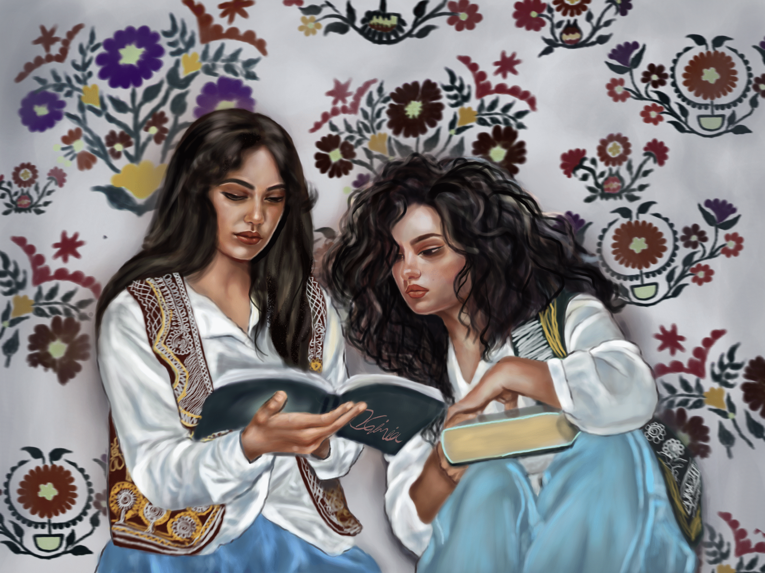 Whispers of Hope — digital artwork by Angela Gulistani (Kimia). Two young women in white and blue immersed in books against an embroidered background.