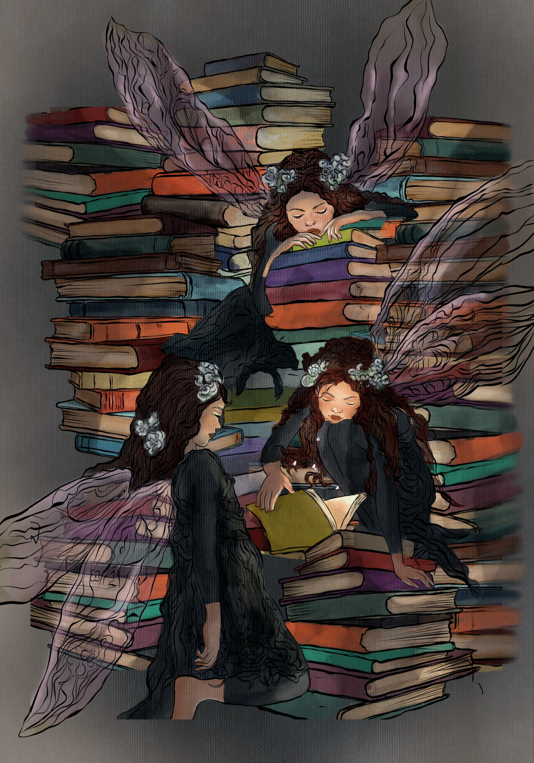 Wings Among Books — digital artwork by Angela Gulistani (Kimia). Girls seated on towering stacks of books with wings of imagination on their backs.