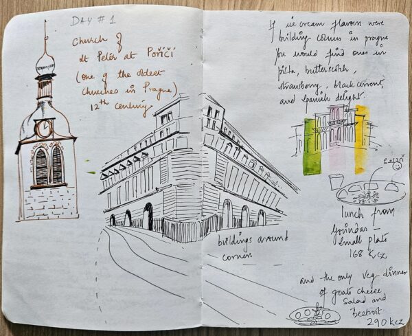 Sketch 3 — Café steps and street life in Prague. Hand-drawn coloured pencil.