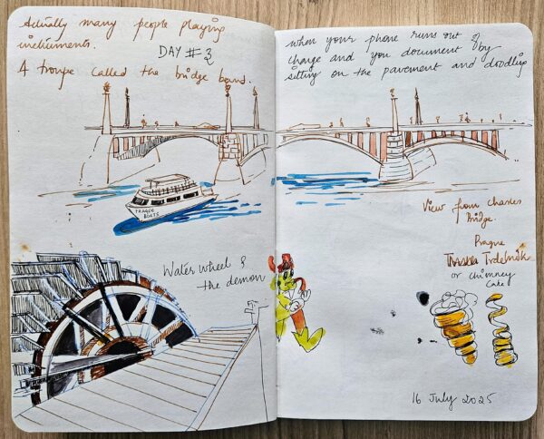 Sketch 4 — Prague architecture and street scene. Hand-drawn coloured pencil.