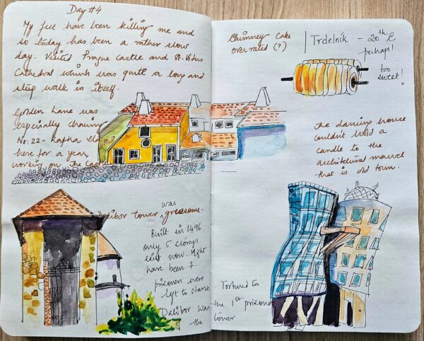 Sketch 6 — Charles Bridge, Prague. Hand-drawn coloured pencil and ink.