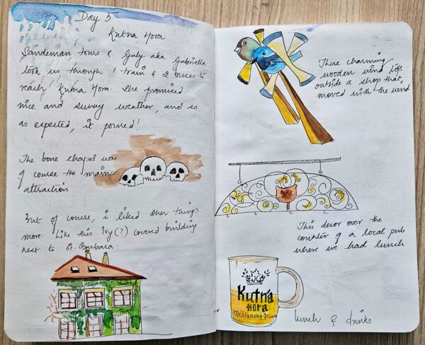 Sketch 8 — Prague alleyways and architecture. Hand-drawn coloured pencil.