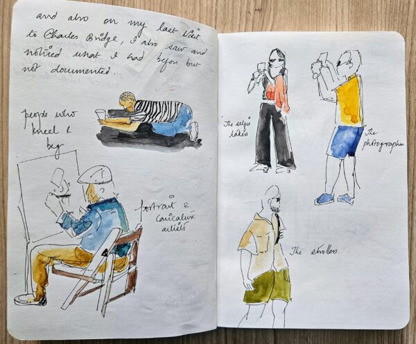 Sketch 9 — Final sketch of Prague. Hand-drawn coloured pencil, closing image.
