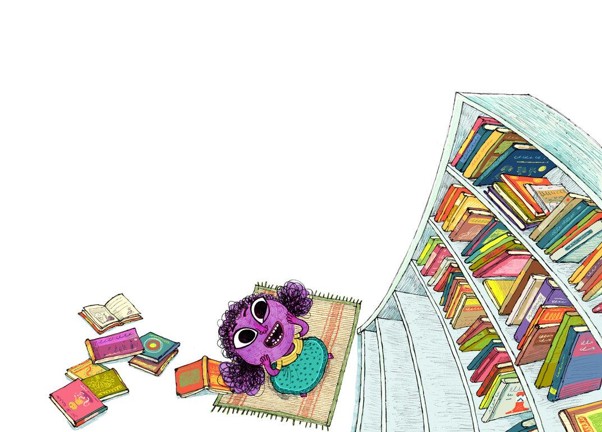 Then What Happened? — cover illustration by Rajiv Eipe, a little girl looking amazed at a bookshelf.